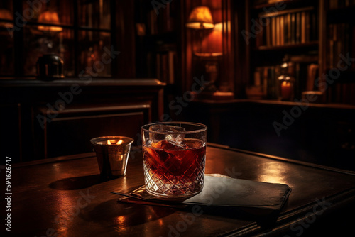 Cozy, dimly lit bar with rich, wood-paneled walls and a beautifully crafted Manhattan cocktail resting on the bar. AI generated.