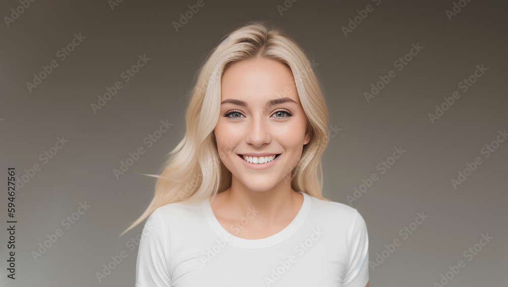 Joyful, adult woman with blonde hair. Empty background with mockup. Generative AI. Joyful, adult woman with blonde hair. Empty background with mockup. Generative AI.