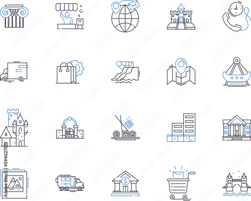 Commercial district shopping line icons collection. Boutiques, Malls, Shops, Department stores, Retail, Fashion, Brands vector and linear illustration. Pedestrians,Business,Goods outline signs set