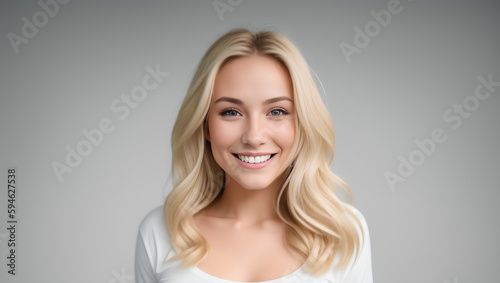 Portrait of joyful, young, blond woman. Empty background with mockup. Generative AI.