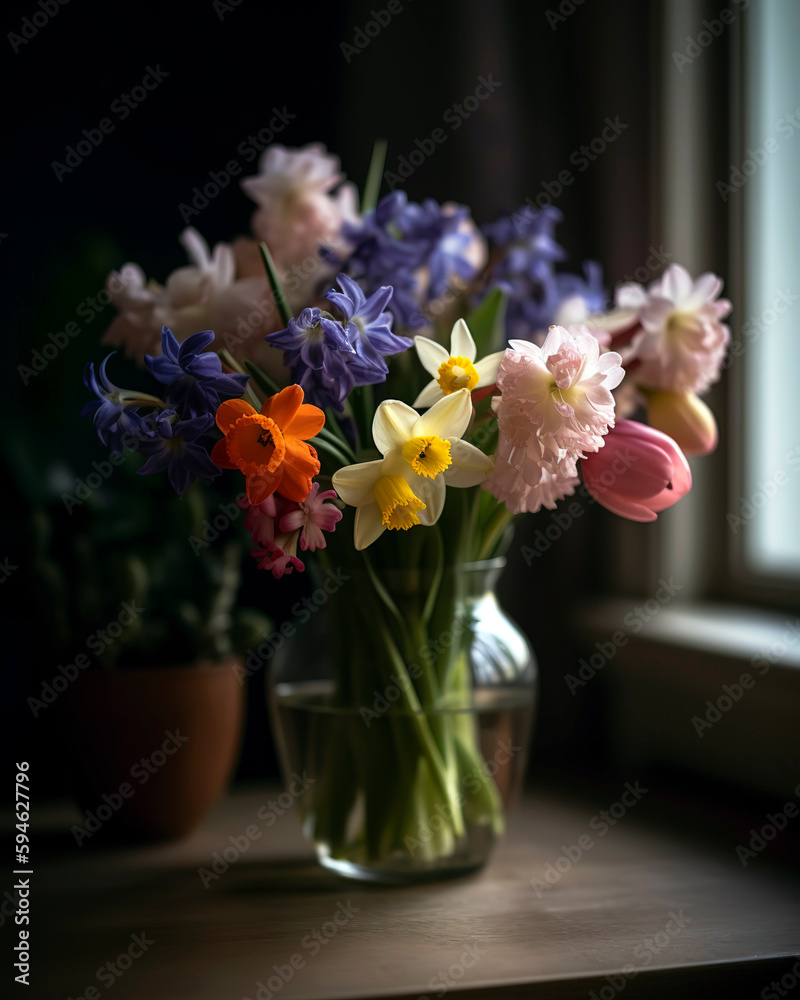 Bouquet of fresh spring flowers, such as tulips, daffodils, and hyacinths, placed in a charming vase.