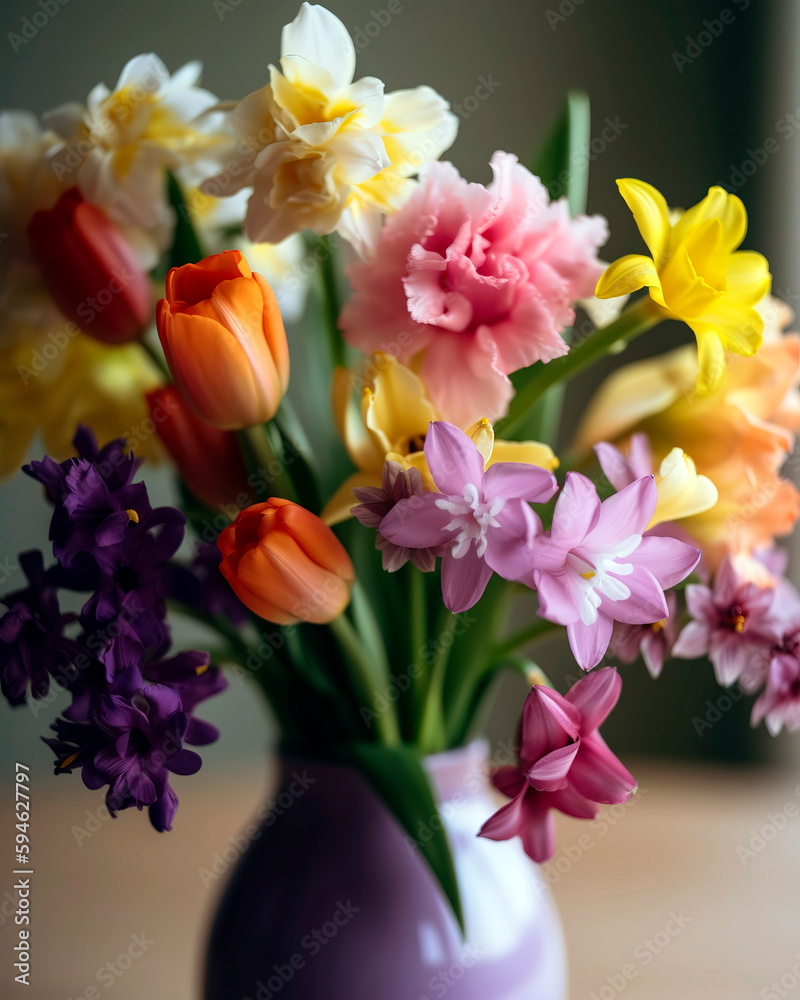 custom made wallpaper toronto digitalBouquet of fresh spring flowers, such as tulips, daffodils, and hyacinths, placed in a charming vase.