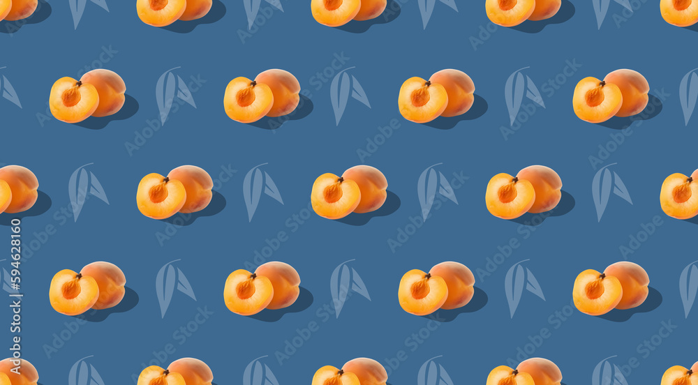 Ripe whole, half peach seamless pattern on dark blue background. Fresh peach repeating on blue background. Generative AI