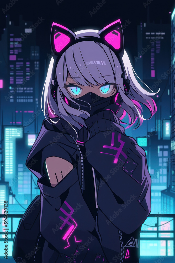 Cyberpunk girl wearing cat ears over night city background with neon ...