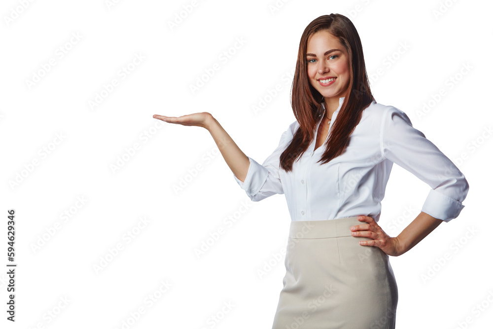 Portrait, happy woman and advertising with hands open for offer, business information and brand coming soon. Female worker, announcement and review of promotion isolated on transparent png background Portrait, happy woman and advertising with hands open for offer, business information and brand coming soon. Female worker, announcement and review of promotion isolated on transparent png background