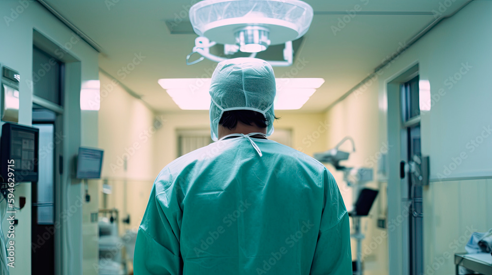 Back view of surgeon in a hospital intensive care unit. Generative AI Back view of surgeon in a hospital intensive care unit. Generative AI