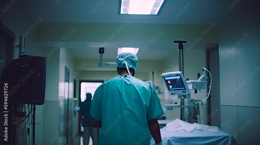 Back view of surgeon in a hospital intensive care unit. Generative AI Back view of surgeon in a hospital intensive care unit. Generative AI