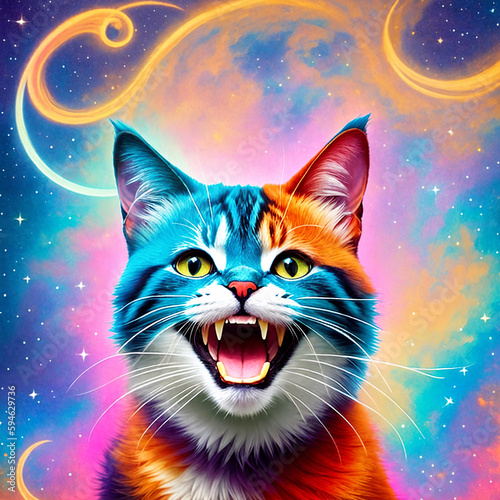 laughing cat in space abstract colorful vibrance painting with generative AI technology