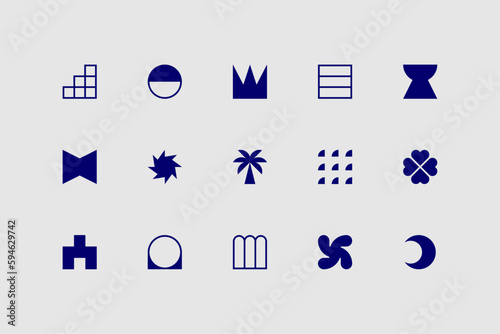 Symbols set. Abstract and basic shapes. Geometric forms. Minimalist icons. Flat vector concept. Modern signs. Isolated elements. Neo geo art.