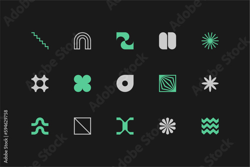 Symbols set. Abstract and basic shapes. Geometric forms. Minimalist icons. Flat vector concept. Modern signs. Isolated elements. Neo geo art.