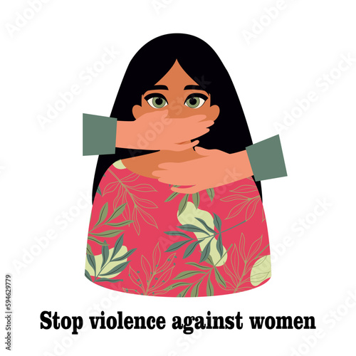 Stop violence against women. A man's hand covering a woman's mouth. Sexual harassment. International day for the elimination of violence against women. November 25. Vector.