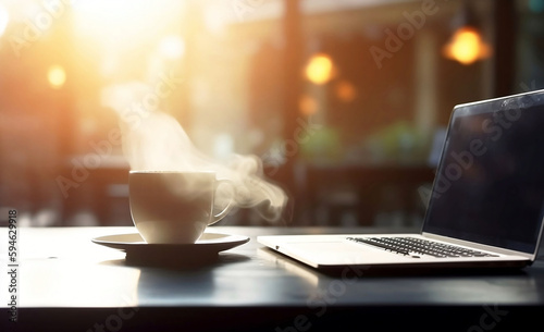 Business Laptop on Table with Coffee Cup, Blurred Background and Copy Space for Online Work © Thares2020