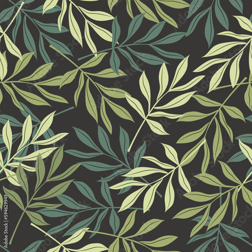Branches with long leaves of green shades on a dark background create a beautiful seamless pattern for fashion textiles, modern fabrics. Vector