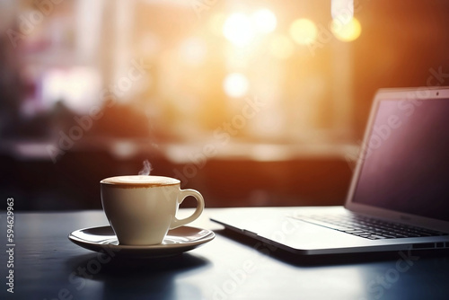 Business Laptop on Table with Coffee Cup, Blurred Background and Copy Space for Online Work