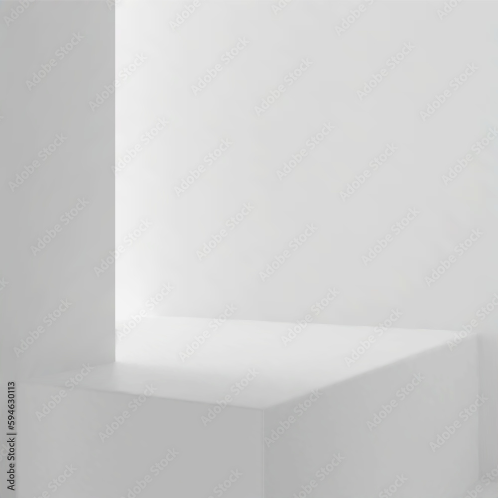 Minimalist white room scene with side light and podium for product presentation Minimalist white room scene with side light and podium for product presentation