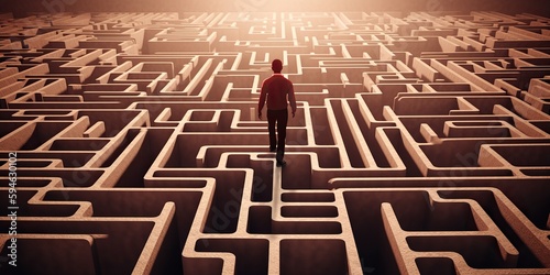 A maze with a human figure navigating through it, displayed against a challenging, problem-solving background, concept of Complexity, created with Generative AI technology