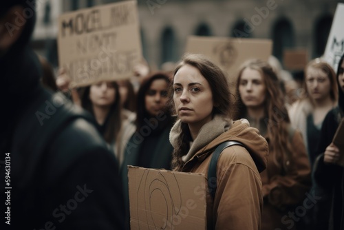 Woman marching in protest with a group of protestors with their fist raised in the air as a sign of unity for diversity and inclusion. generative AI © ChaoticMind