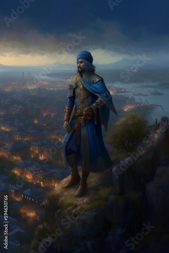 a picture of a man standing on top of a hill near a kushan empire city, style of fantasy game concept art. generative AI photo