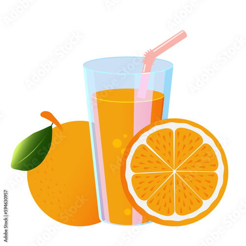 Orange juice in a glass transparent glass with a pink straw and a slice of citrus fruit. Healthy and healthy drink in a modern design on a white background. Vector