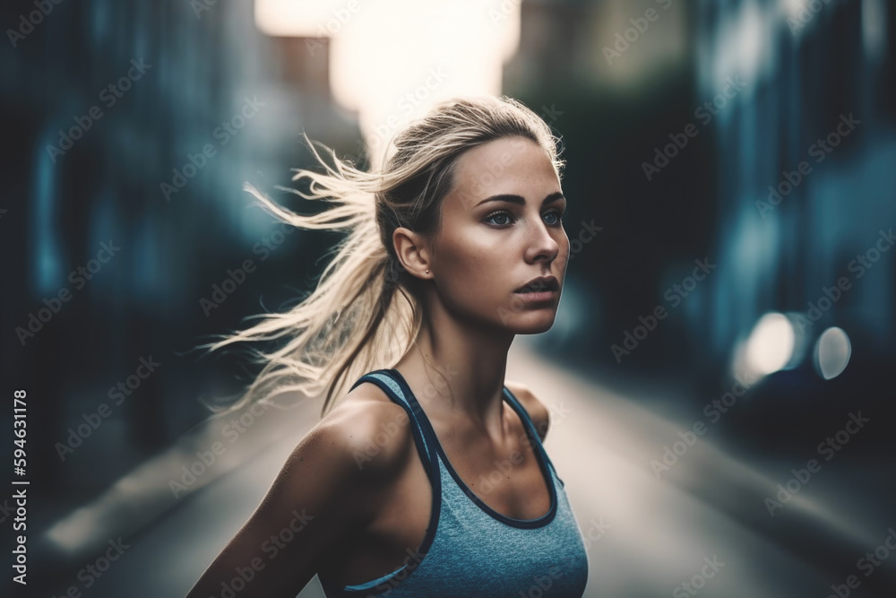 Beautiful young woman athlete running in the city, Generative ai Beautiful young woman athlete running in the city, Generative ai