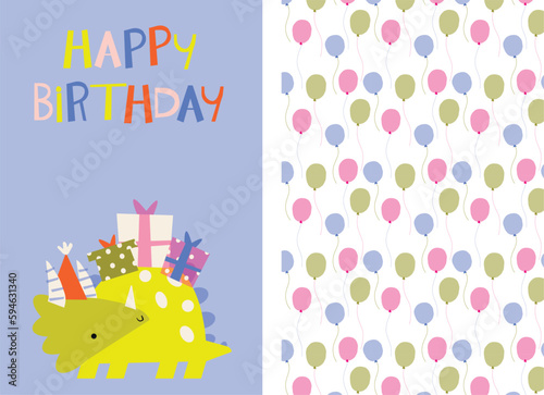 Happy birthday. Lovely vector illustration and pattern with funny dinosaur and gift. Hand drawn print, greeting card or poster for children room decoration. Flat cartoon Dino character , lettering