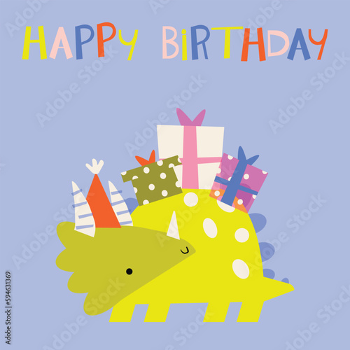 A blue card with a dinosaur and presents on it. Birthday cartoon design Dinosaur with gifts. Vector illustration