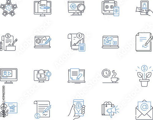 Commercial guidance line icons collection. Strategy, Planning, Investment, Growth, Marketing, Sales, Negotiation vector and linear illustration. Analysis,Forecasting,Research outline signs set