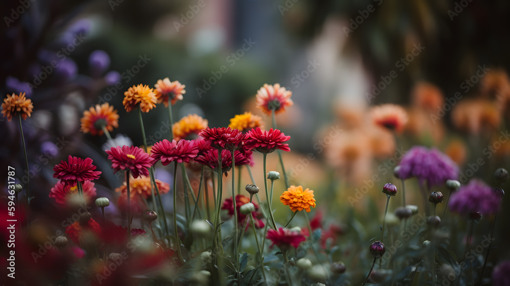 An abstract shot of colorful flowers in a garden, with beautiful bokeh in the background.