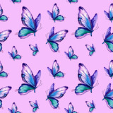 A pattern of morpho butterflies. Watercolor illustration on an isolated background. Multicolored wings, purple, pink. Animals, wildlife.