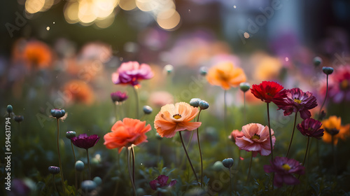 An abstract shot of colorful flowers in a garden  with beautiful bokeh in the background.