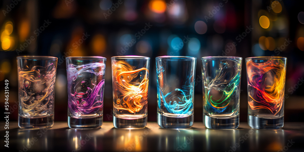 Set of unearthly cocktail shots with colourful turbulent liquor resting on the bar counter Set of unearthly cocktail shots with colourful turbulent liquor resting on the bar counter