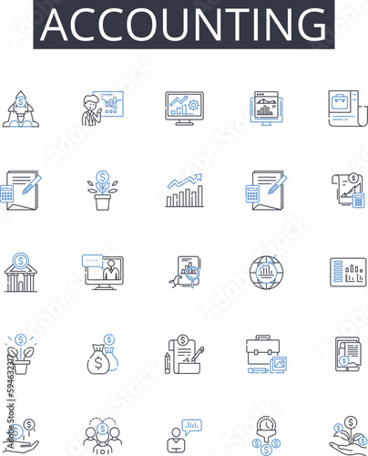 Accounting line icons collection. Marketing, Sales, Economics, Management, Finance, Insurance, Banking vector and linear illustration. Advertising,Business,Budgeting outline signs set