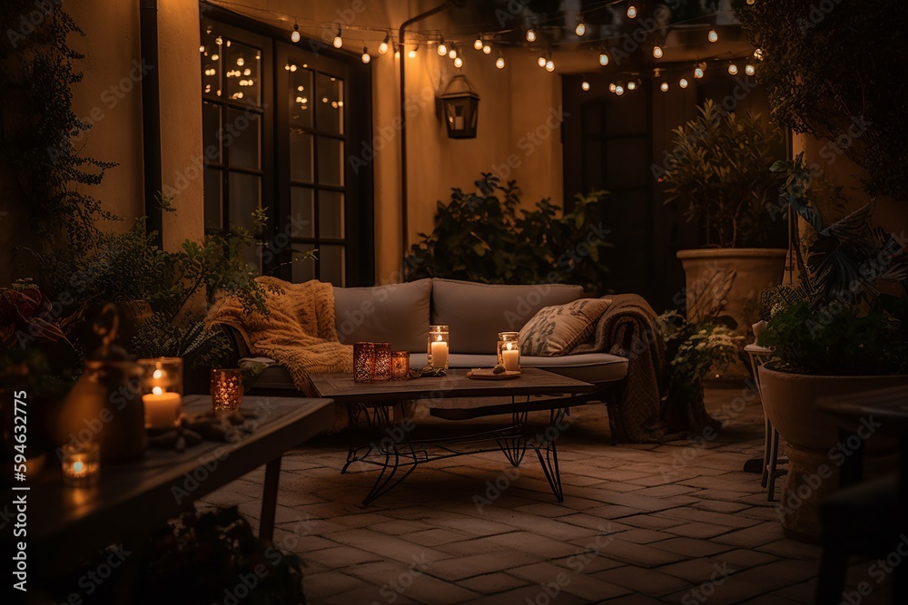 Captivating patio, plush couch, table, candles, neo-romanticism, enchanting nightscape. generative ai - obrazy, fototapety, plakaty 