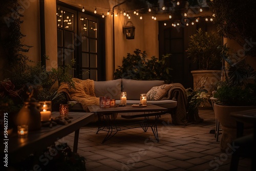 Captivating patio, plush couch, table, candles, neo-romanticism, enchanting nightscape. generative ai photo
