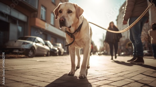 Beżowy pies labrador idzie na smyczy, spacer w mieście, ulica, ludzie, budynki. Wygenerowano AI