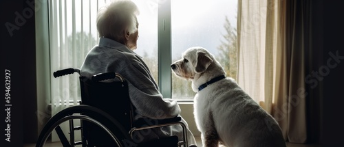 An elderly man sits in a wheelchair next to his dog and looks out the window. Generative AI © BraveSpirit