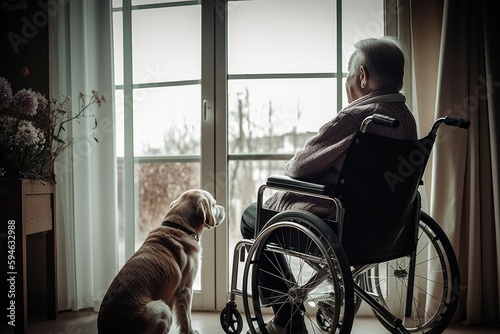 An elderly man sits in a wheelchair next to his dog and looks out the window. Generative AI © BraveSpirit
