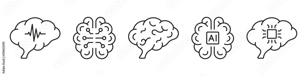 Human Brain and AI Linear Pictogram Collection. Artificial Intelligence Symbol on White Background. Tech Science, Brainstorm, Knowledge Black Line Icon. Editable Stroke. Isolated Vector Illustratio Human Brain and AI Linear Pictogram Collection. Artificial Intelligence Symbol on White Background. Tech Science, Brainstorm, Knowledge Black Line Icon. Editable Stroke. Isolated Vector Illustratio
