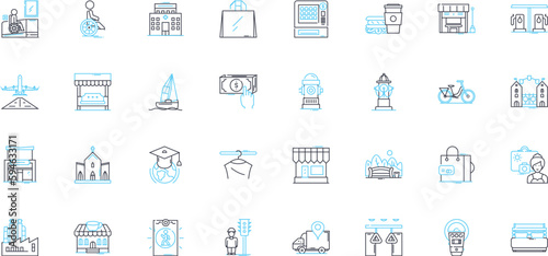 Urban space linear icons set. Gritty, Vibrant, Cosmopolitan, Edgy, Concrete, Hipster, Graffiti line vector and concept signs. Communal,Bustling,Lively outline illustrations
