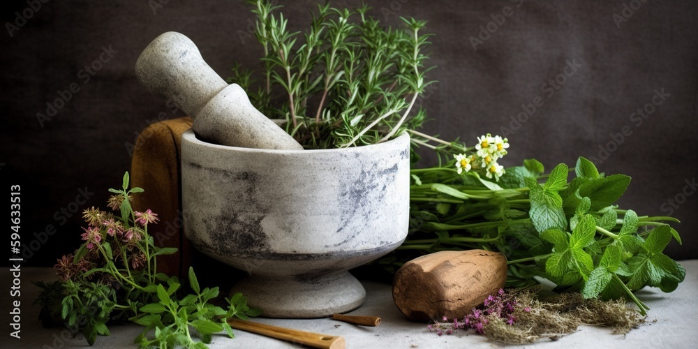 Mortar and pestle surrounded by vibrant, fresh herbs, set against a simple backdrop, illustrating the preparation of natural remedies, concept of Herbal medicine, created with Generative AI technology