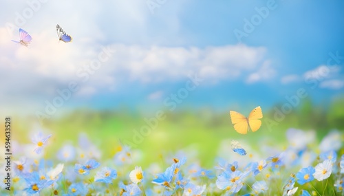 Beautiful field meadow flowers chamomile and green wild bells and three flying butterflies in morning green grass in sunlight. stock photo, landscape. 