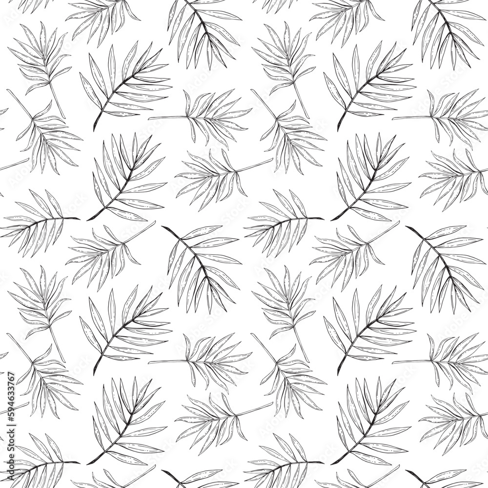 Stylish Minimal hand drawn sketch tropical leaves brushed strokes style Black and white mood Design for fashion , fabric, textile, wallpaper, cover, web , wrapping and all prints