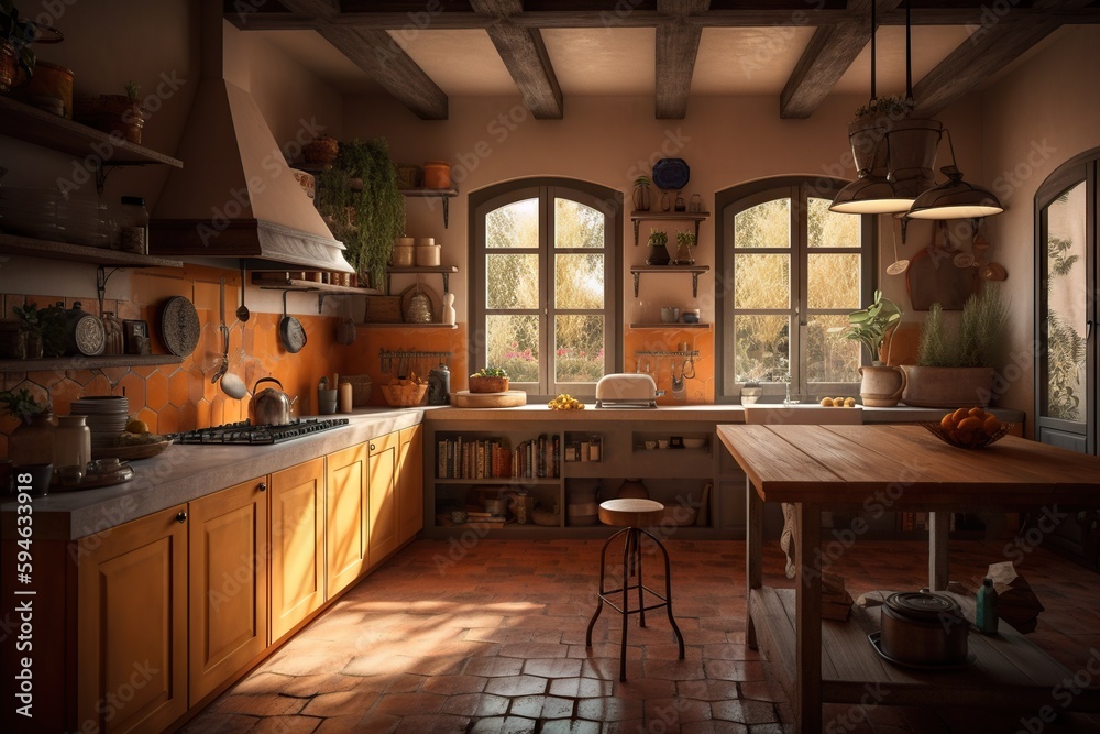 A Kitchen With A Table And A Window In It And A Table With A Stool Rustic Farm Interior Photorealism Ceramics Generative AI