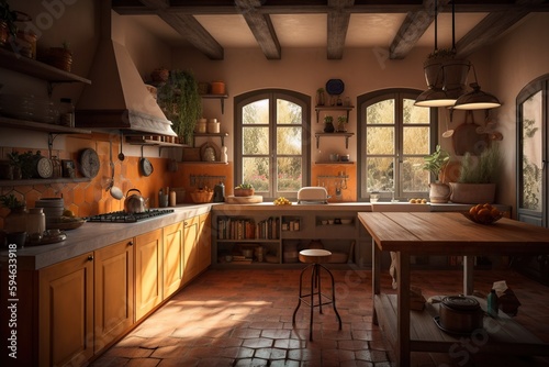 A Kitchen With A Table And A Window In It And A Table With A Stool Rustic Farm Interior Photorealism Ceramics Generative AI