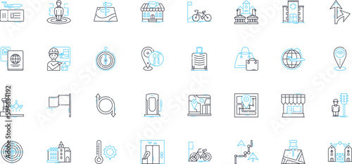 Town blueprint linear icons set. Planning, Infrastructure, Zoning, Roads, Traffic, Utilities, Residential line vector and concept signs. Commercial,Industrial,Green spaces outline illustrations
