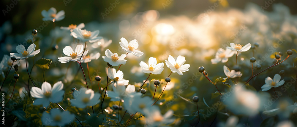 White flowers in spring, bathed in warm sunrays. Banner Background Wallpaper.