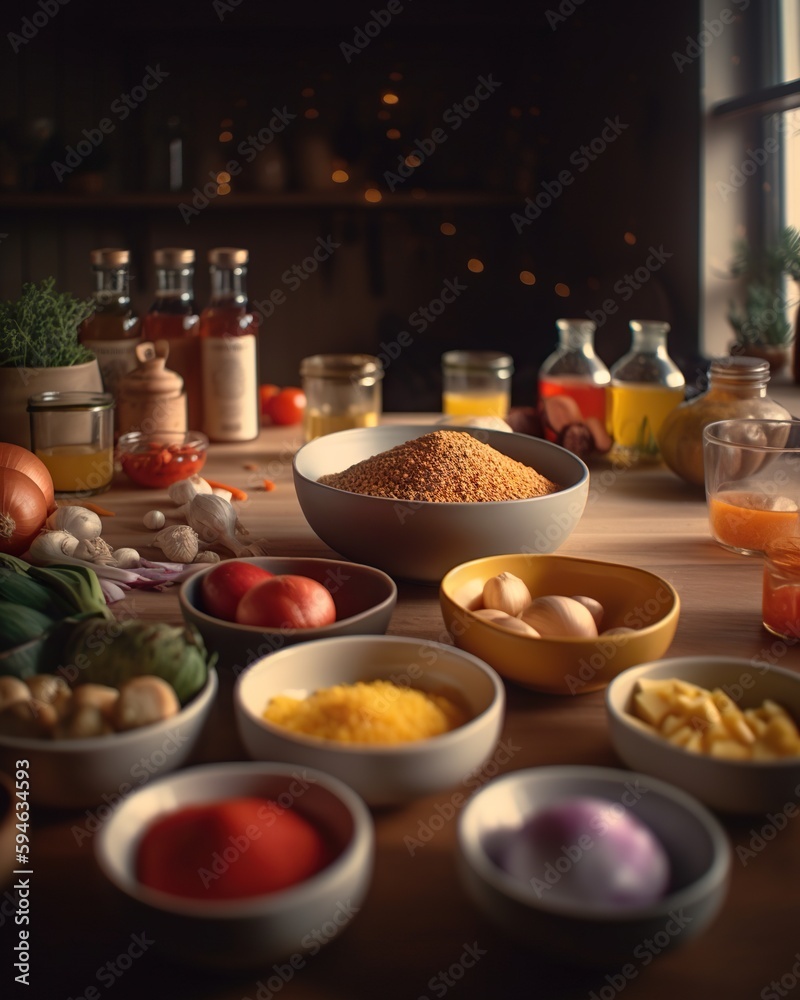 A Table With Bowls Of Food And A Window In The Background Kitchen Food Photography Food Photography Generative AI