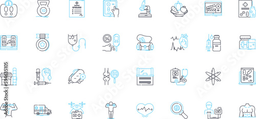 Patient care linear icons set. Compassion, Empathy, Respect, Quality, Safety, Comfort, Communication line vector and concept signs. Dignity,Understanding,Concern outline illustrations