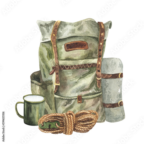 Watercolor green Vintage Backpack For hiking. TRAvel camping equipment, mug, climing rope, plaid hand drawn illustration.