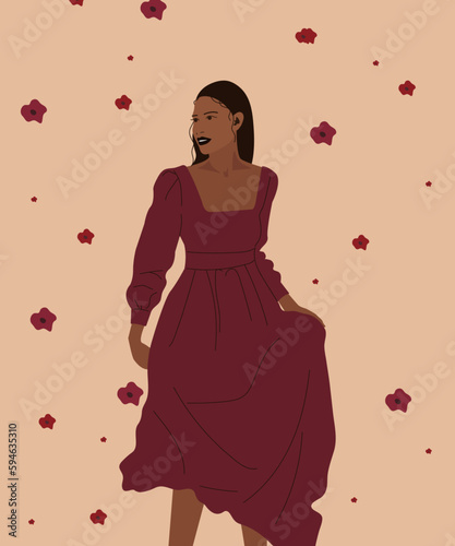 A beautiful black girl with dark hair in burgundy long dress on beige background with big small flowers poppy for greeting cards posters banners